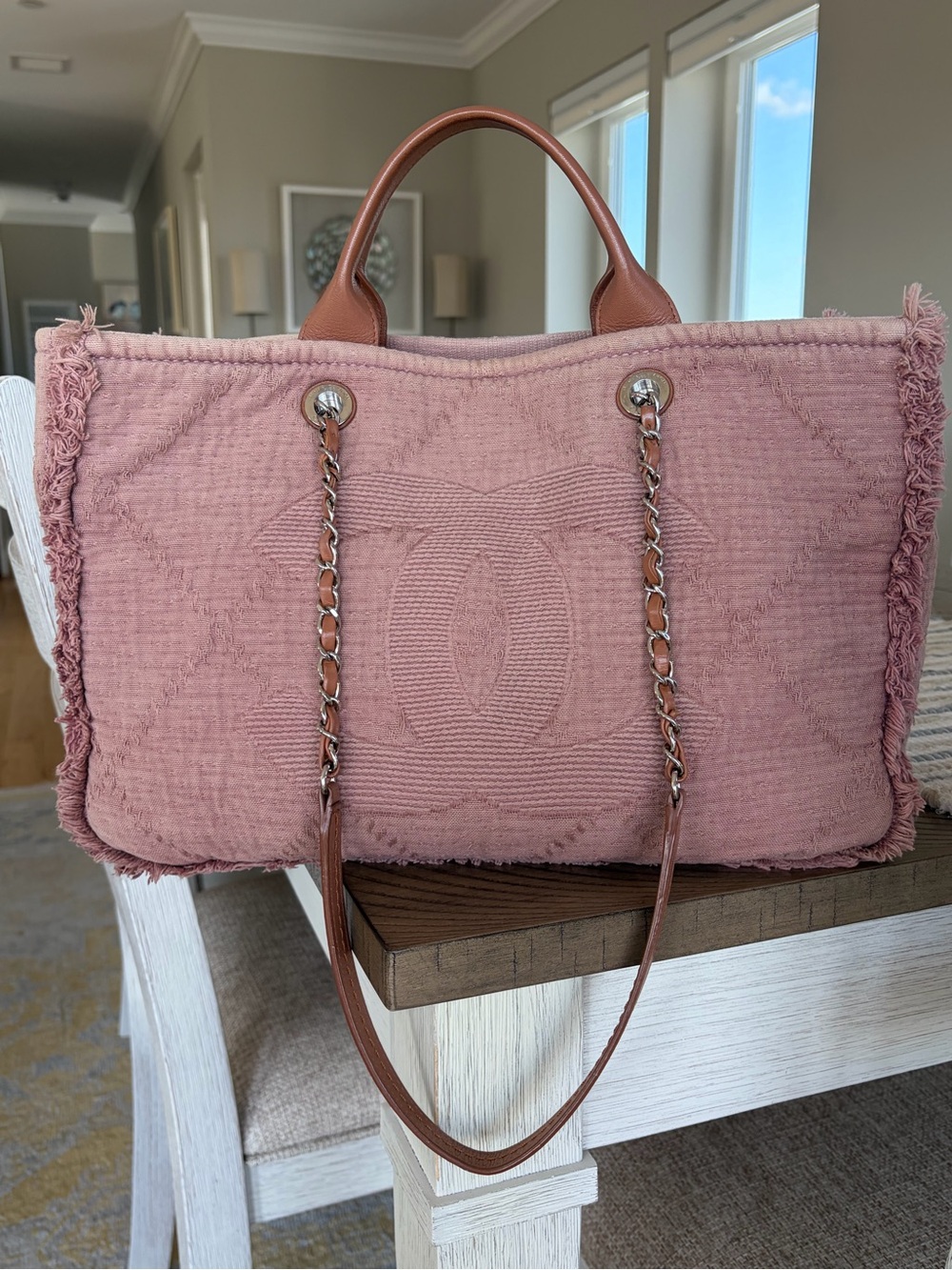 CHANEL Double Face Deauville Fringe Quilted Canvas Medium Tote Bag in Dusty Rose